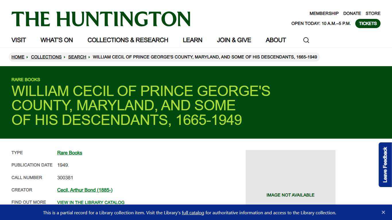 William Cecil of Prince George's County, Maryland, and some of his descendants, 1665-1949 | Collections | The Huntington